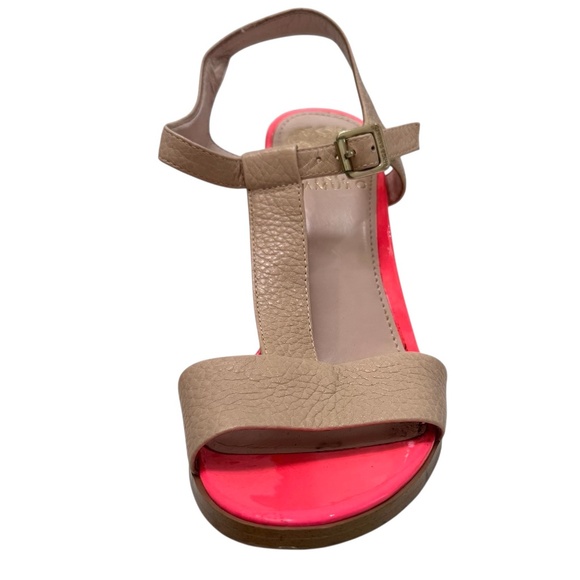 VINCE CAMUTO BEIGE & HOT PINK NOVASI BLOCK HEEL T STRAP SANDAL - Picture 8 of 16